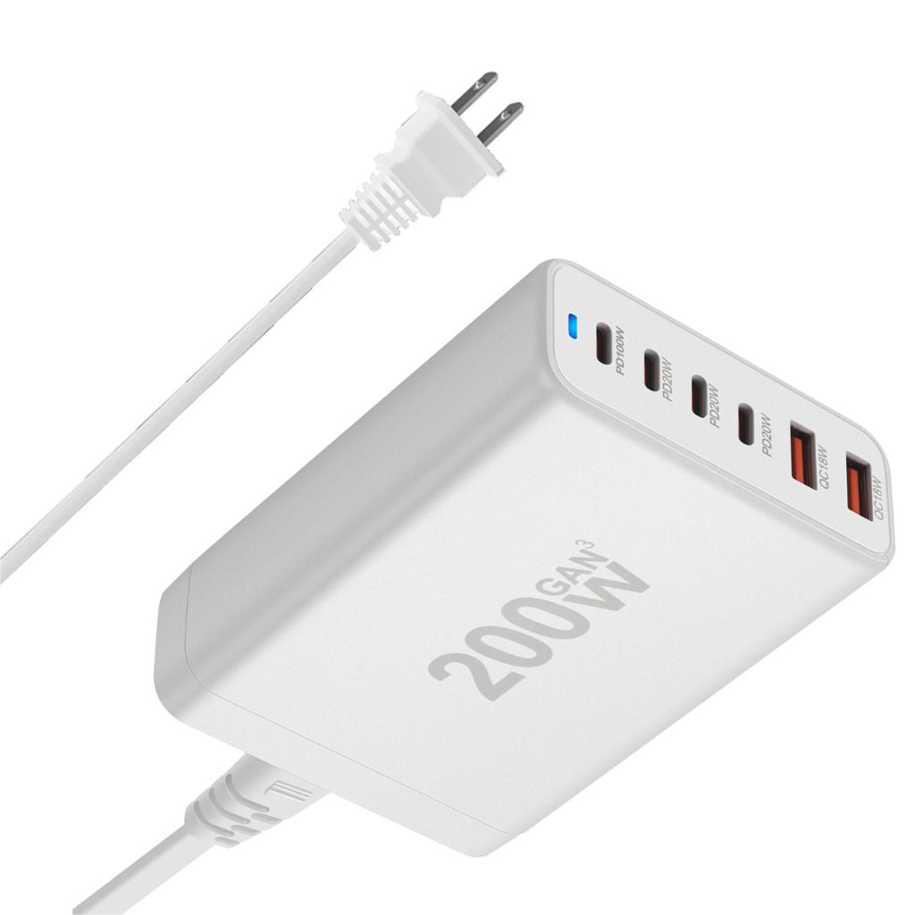 200W GaN 6-Port USB-C Charger with advanced GaN technology, featuring four USB-C PD ports and two USB-A QC 3.0 ports for ultra-fast and efficient multi-device charging. Compact and lightweight design suitable for home, office, and travel use.