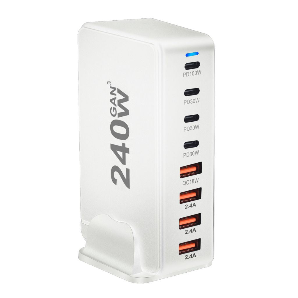 240W GaN 8-Port USB-C Charger with advanced GaN technology, featuring four USB-C PD ports and four USB-A QC ports for ultra-fast and efficient multi-device charging. Compact and lightweight design suitable for home, office, and travel use.
