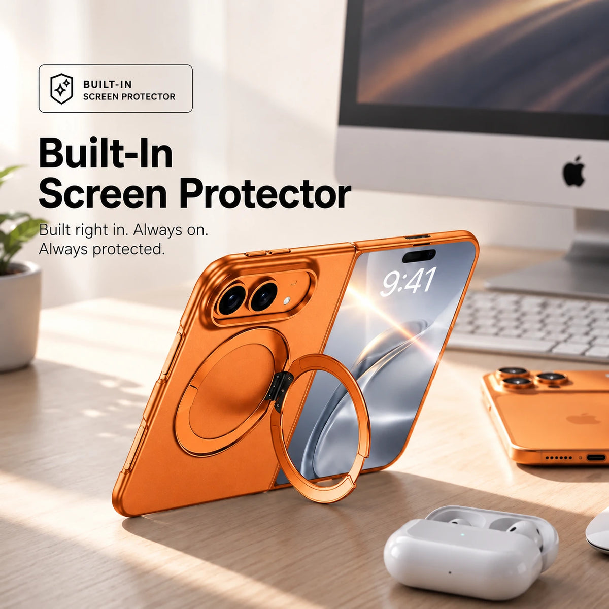Orange folding phone case shown from front and rear with its built-in screen protector #color_Cosmic Orange