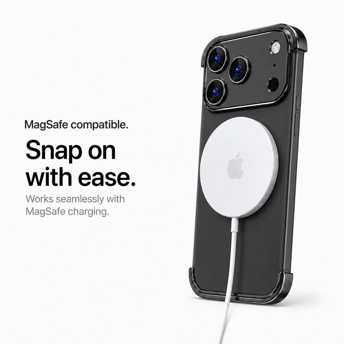 Black minimal metal phone case connected to a white wireless charging puck #color_Midnight Black