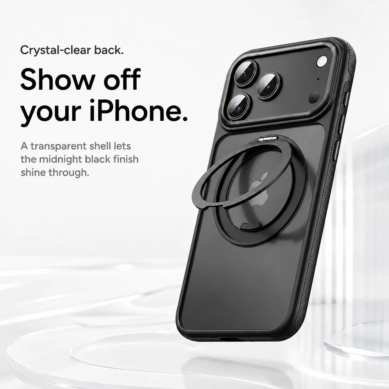 Black magnetic phone case displayed upright with a clear back and an open metal ring #color_Midnight Black