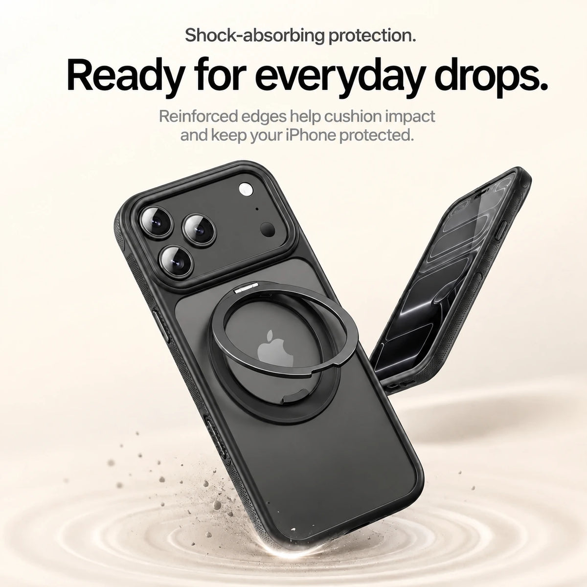 Black magnetic phone cases shown from the front and rear during a corner protection demonstration #color_Midnight Black