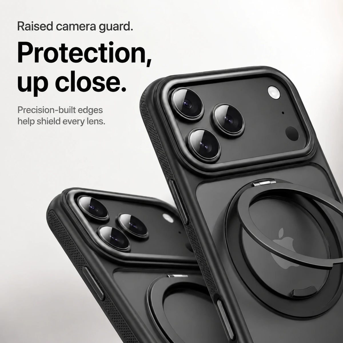 Black magnetic phone cases shown in close-up with raised camera guards #color_Midnight Black