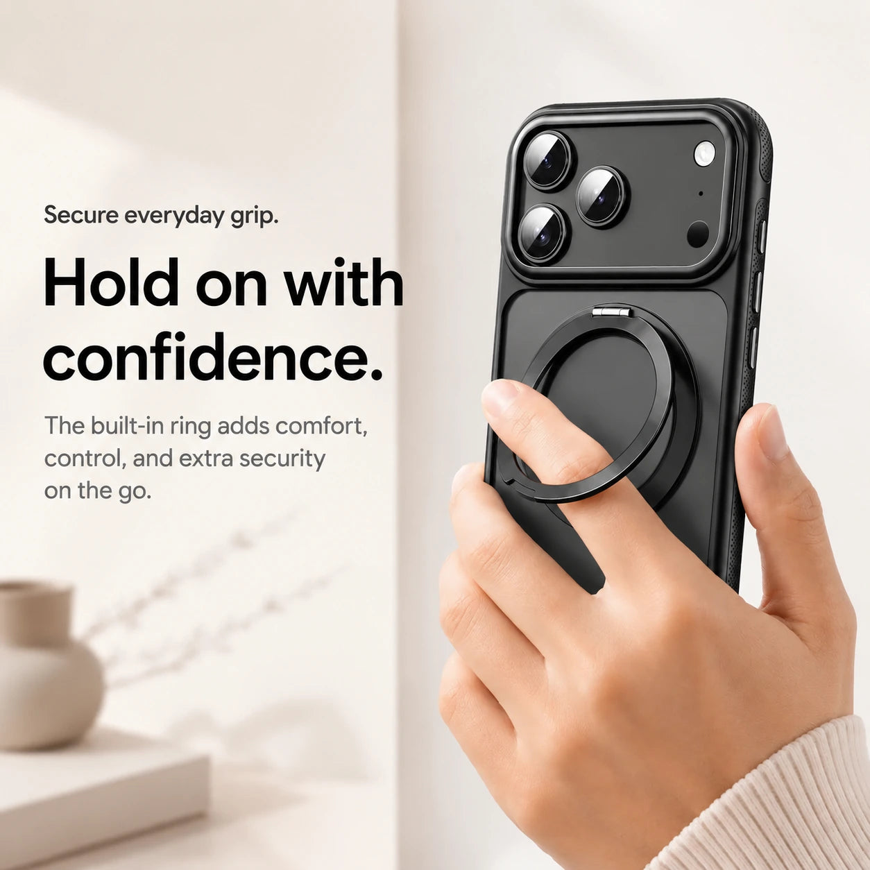 Black magnetic phone case held with a finger through the adjustable ring grip #color_Midnight Black