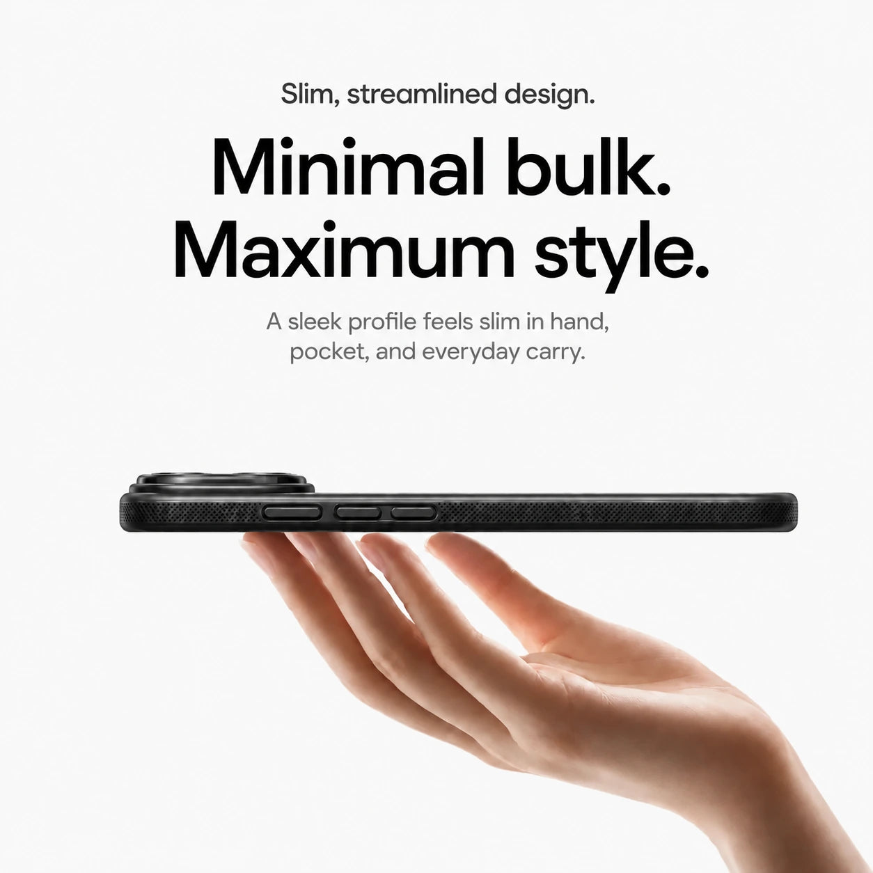 Black magnetic phone case balanced in one hand to show its slim side profile #color_Midnight Black