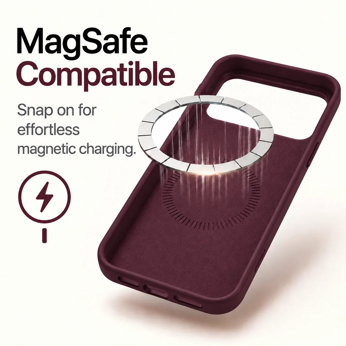 Burgundy silicone phone case showing the soft interior and magnetic charging ring #color_Burgundy