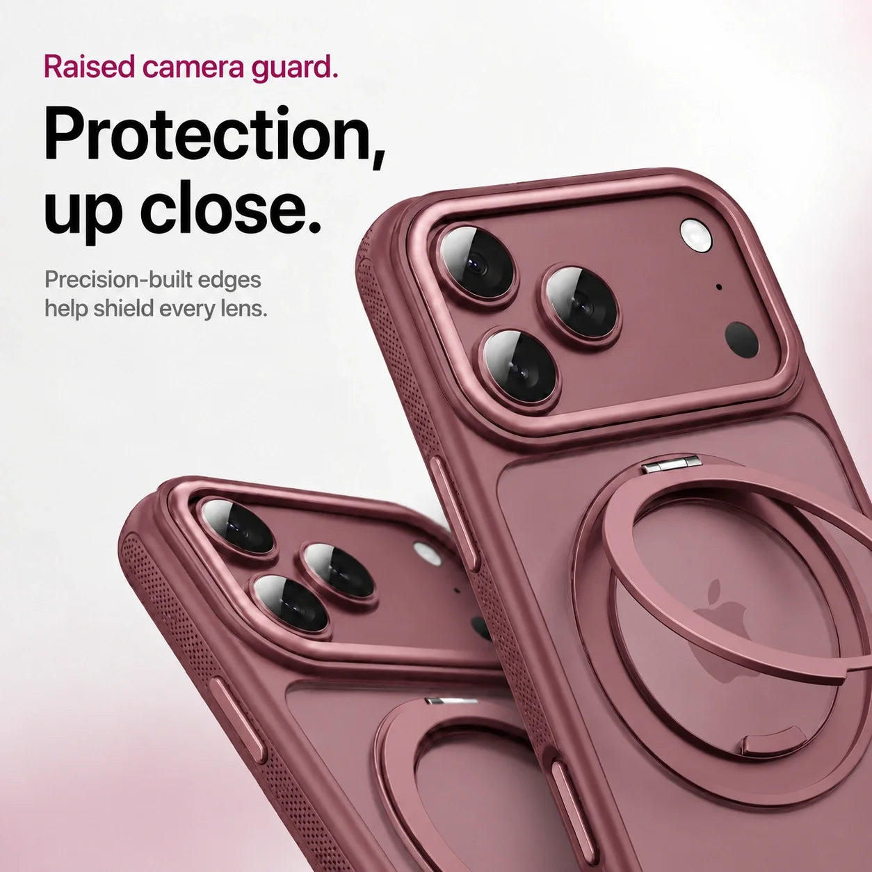 Cherry clear phone case showing raised camera guards in close-up #color_Dark Cherry