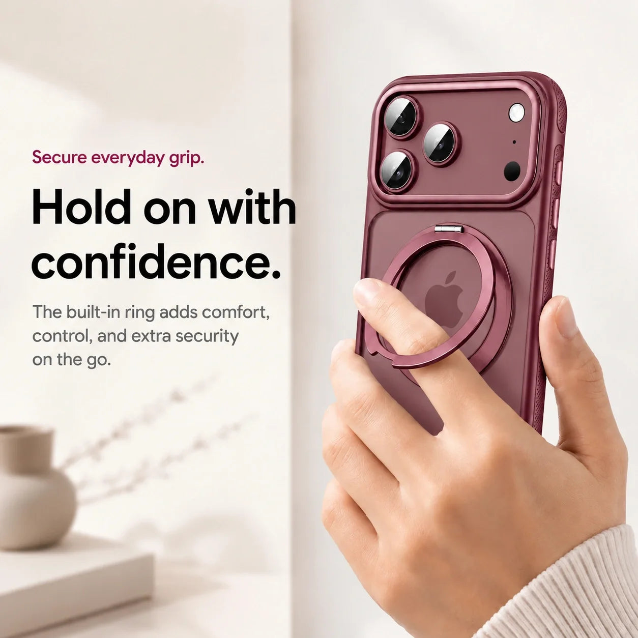 Cherry clear phone case held with a finger through the ring #color_Dark Cherry
