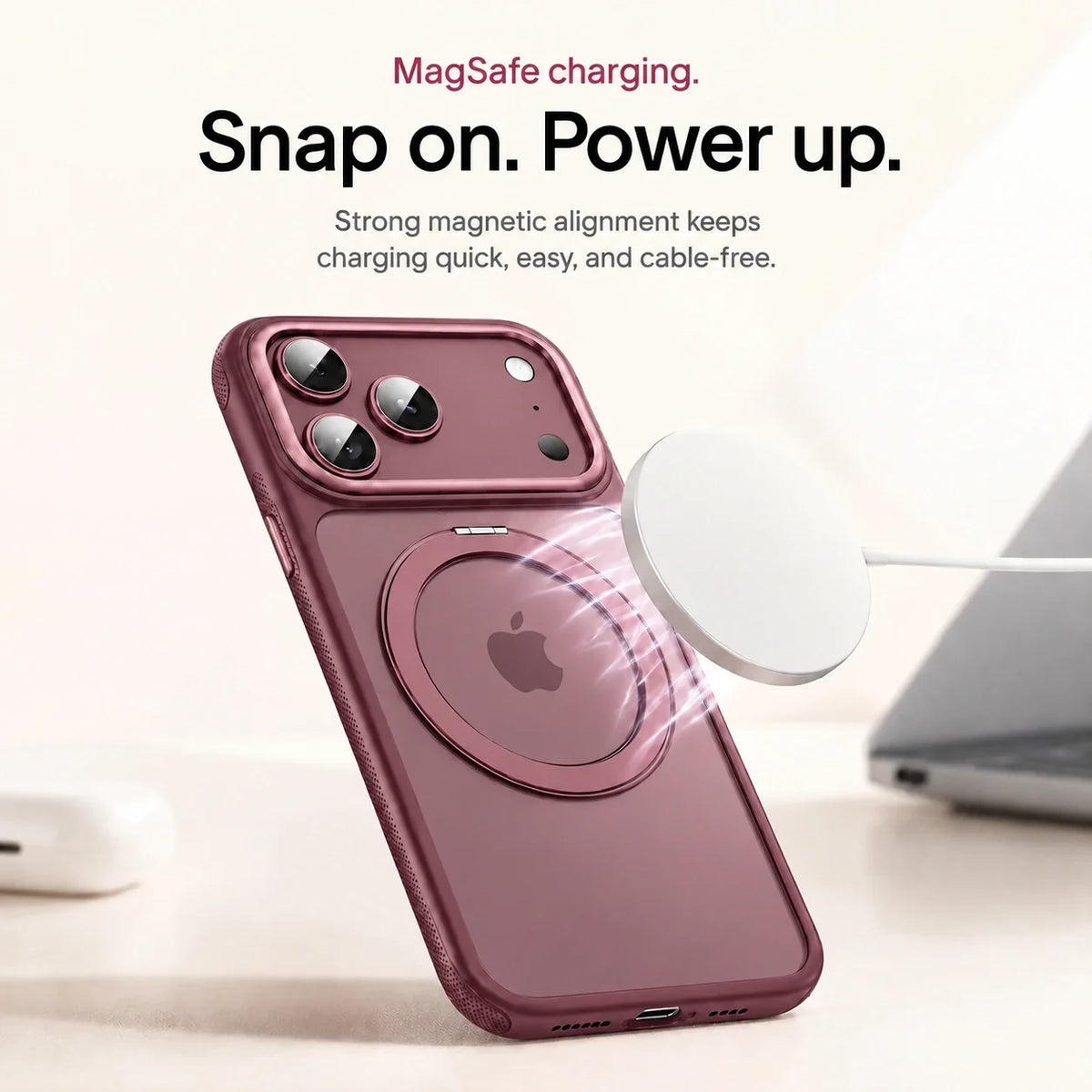 Cherry clear phone case beside a magnetic wireless charging puck #color_Dark Cherry