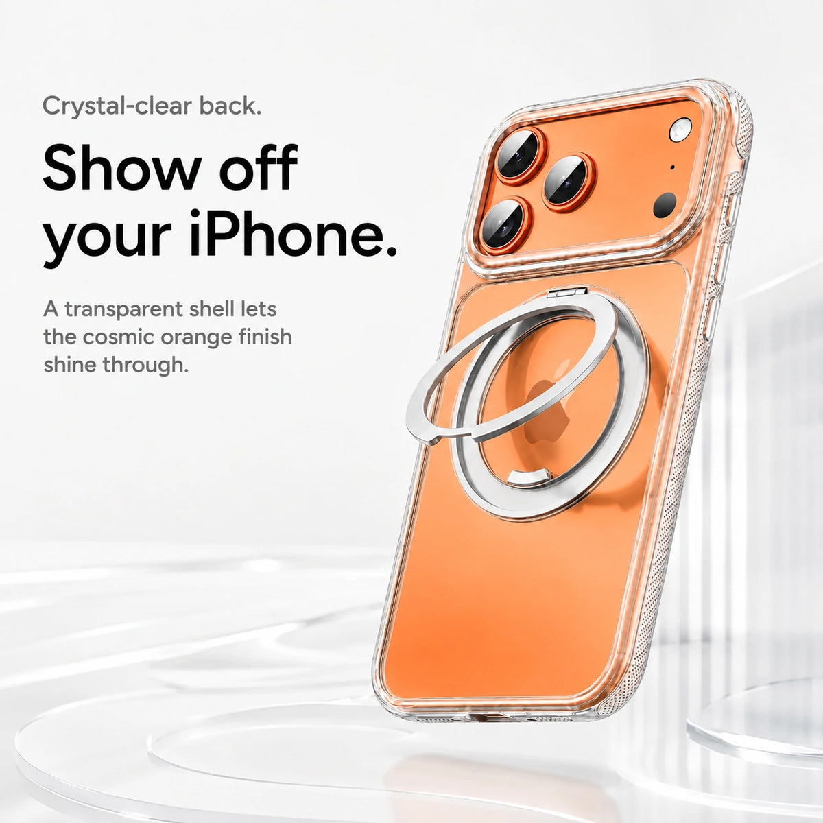 Clear magnetic phone case displayed upright with a clear back and an open metal ring #color_Transparent