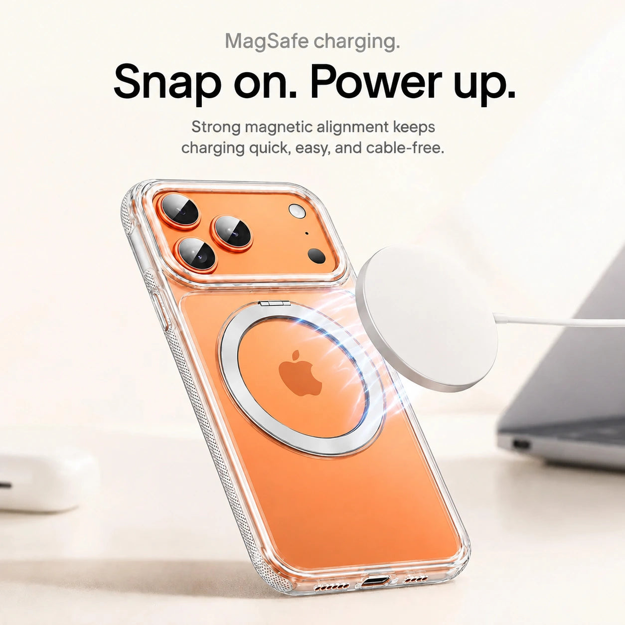 Clear magnetic phone case aligned with a white wireless charging puck #color_Transparent