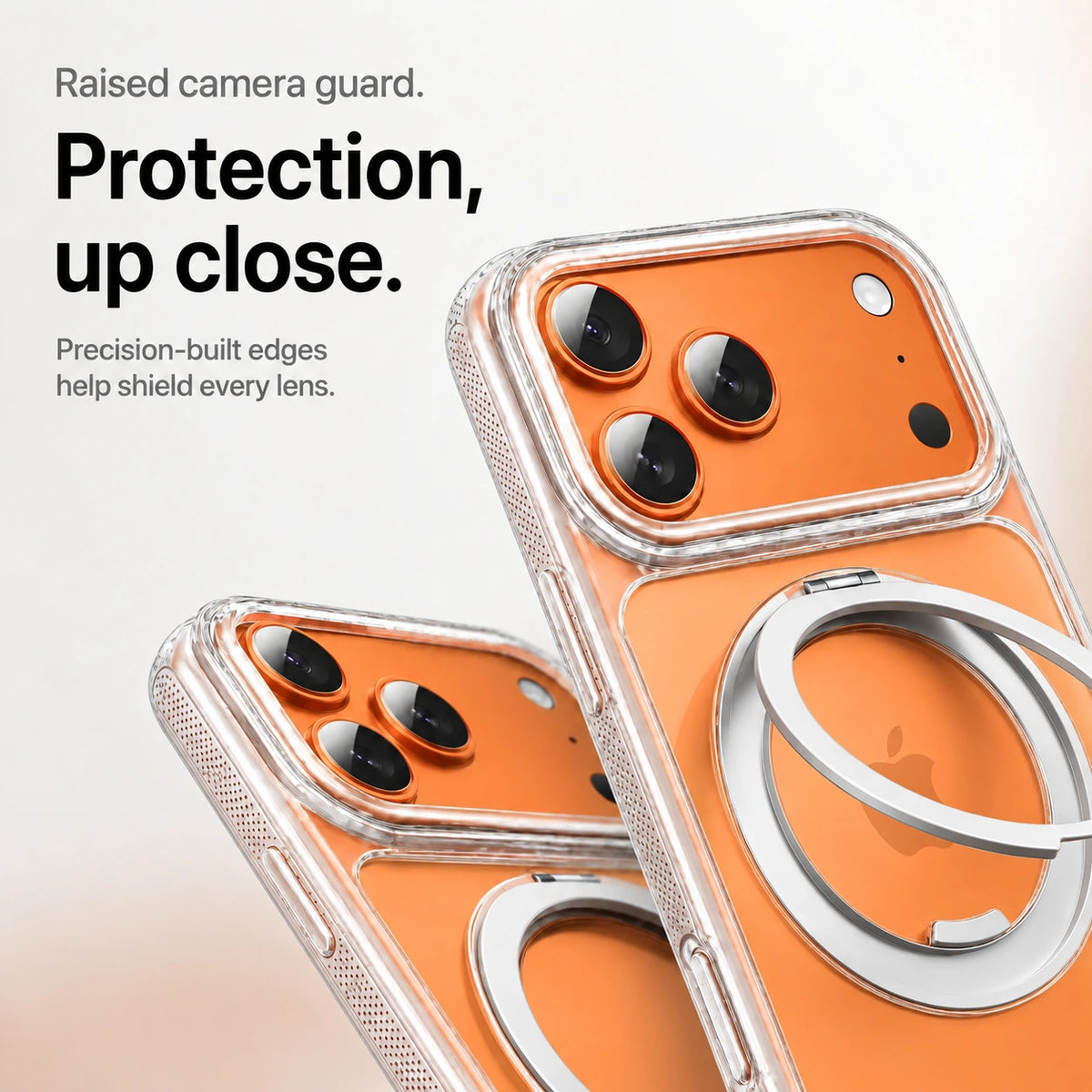 Clear magnetic phone cases shown in close-up with raised camera guards #color_Transparent