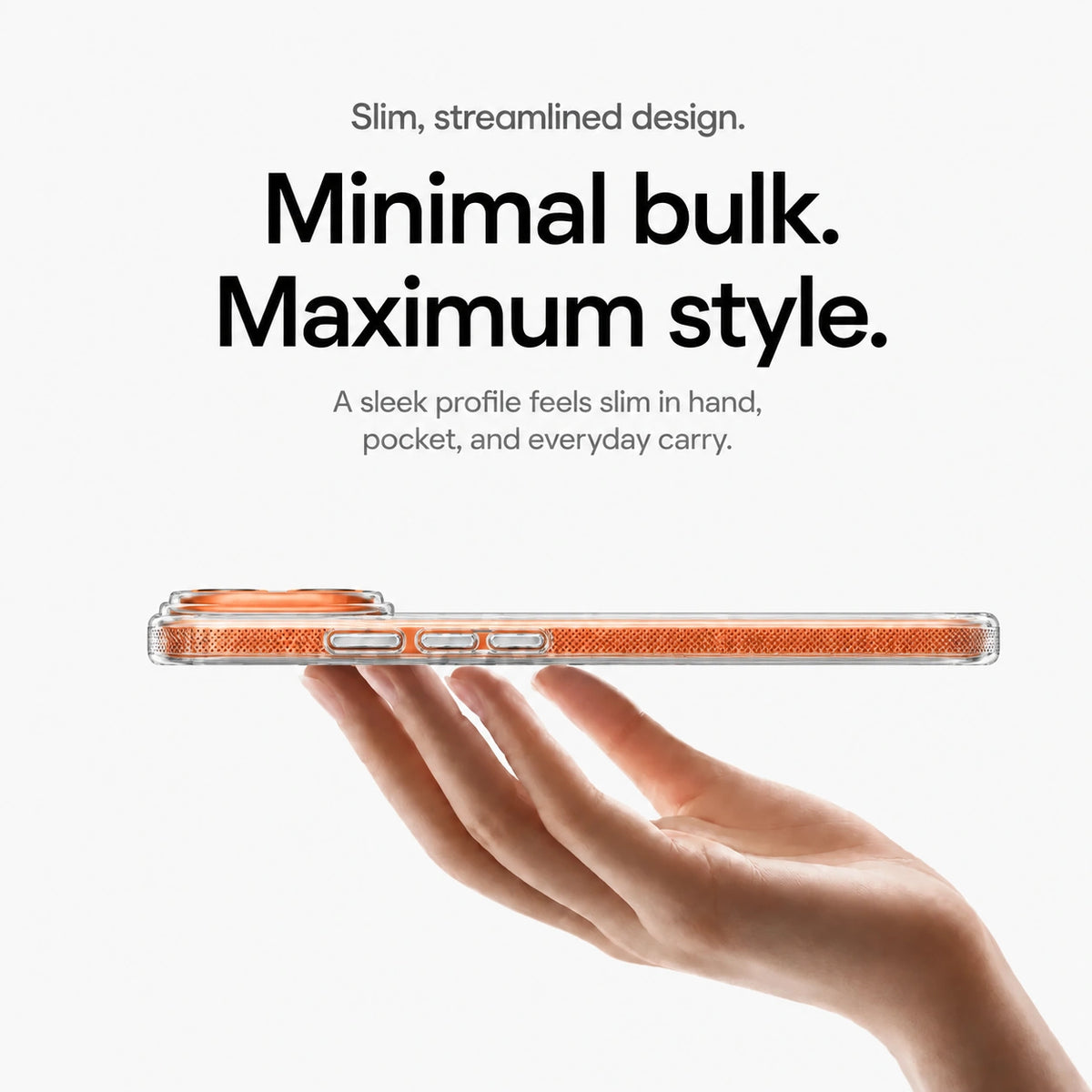 Clear magnetic phone case balanced in one hand to show its slim side profile #color_Transparent
