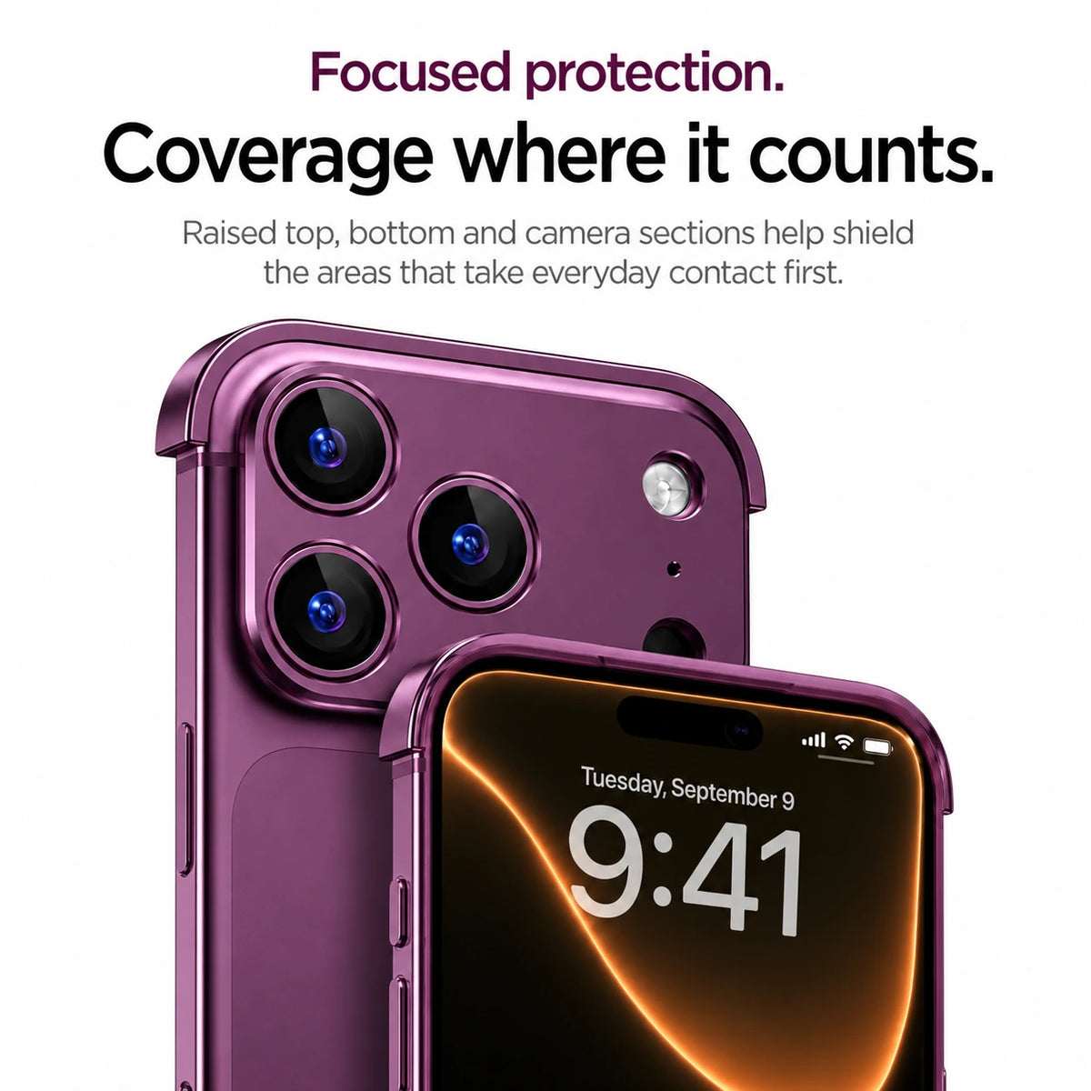 Dark purple minimal metal phone case showing raised camera protection and front edge coverage #color_Dark Cherry