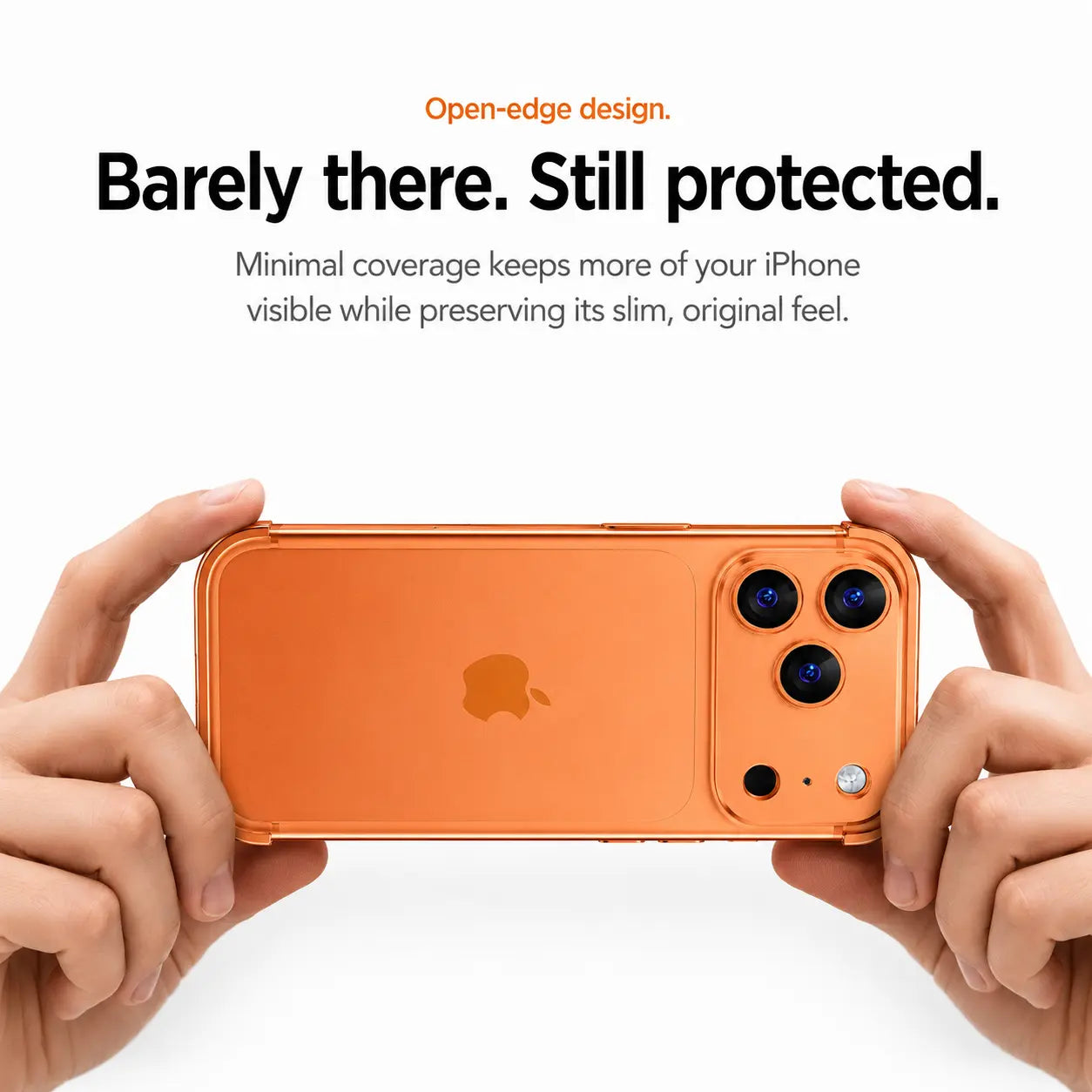 Orange open-edge phone case held horizontally in two hands #color_Cosmic Orange