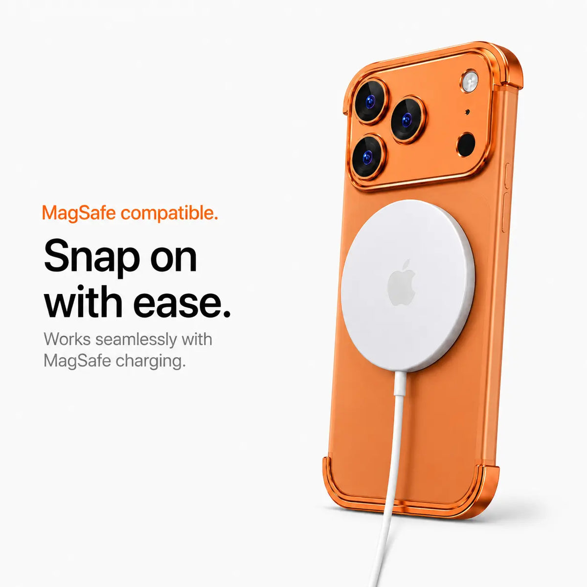 Orange open-edge phone case attached to a white wireless charging puck #color_Cosmic Orange