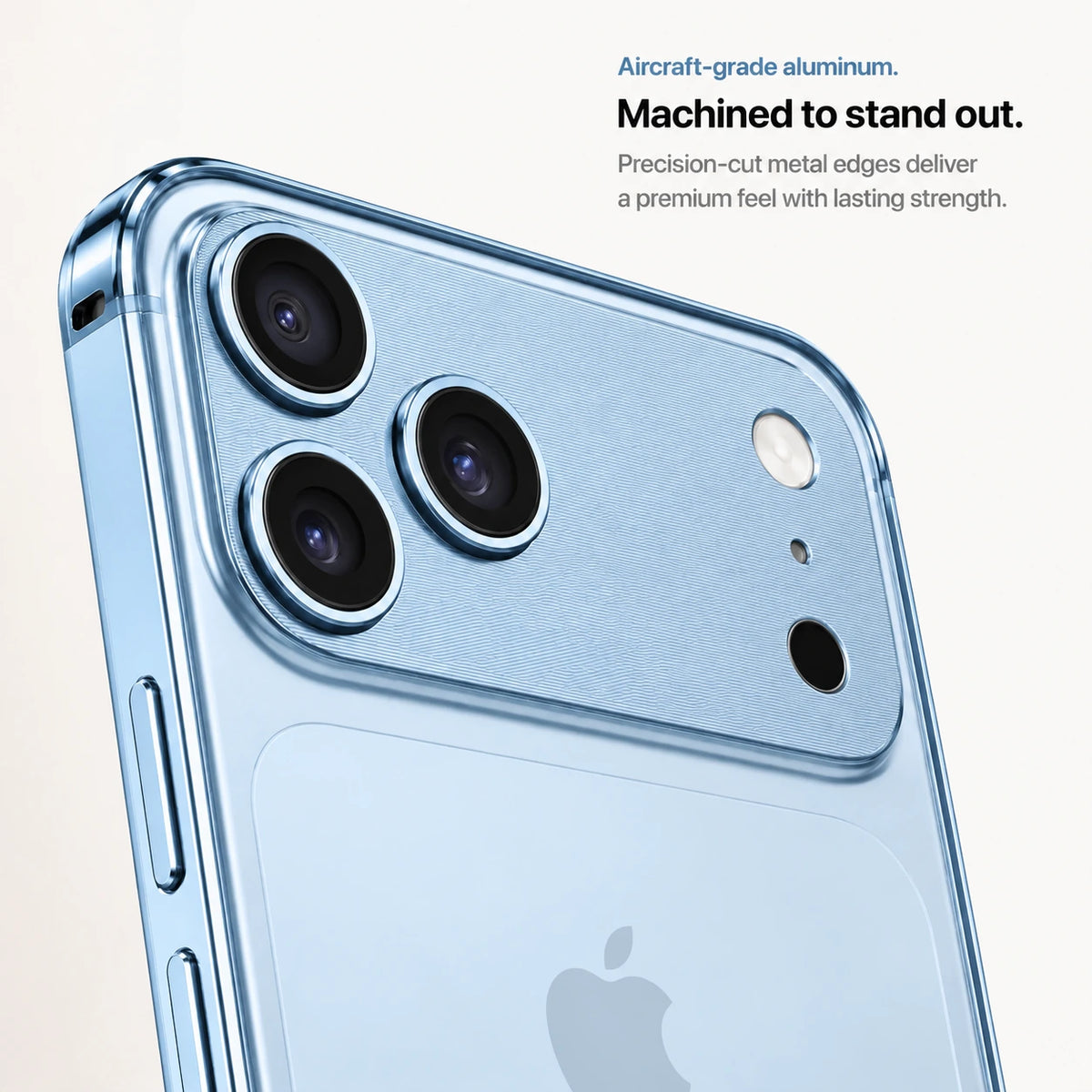 Glacier aluminum frame phone case showing the machined camera guard and metal frame #color_Glacier