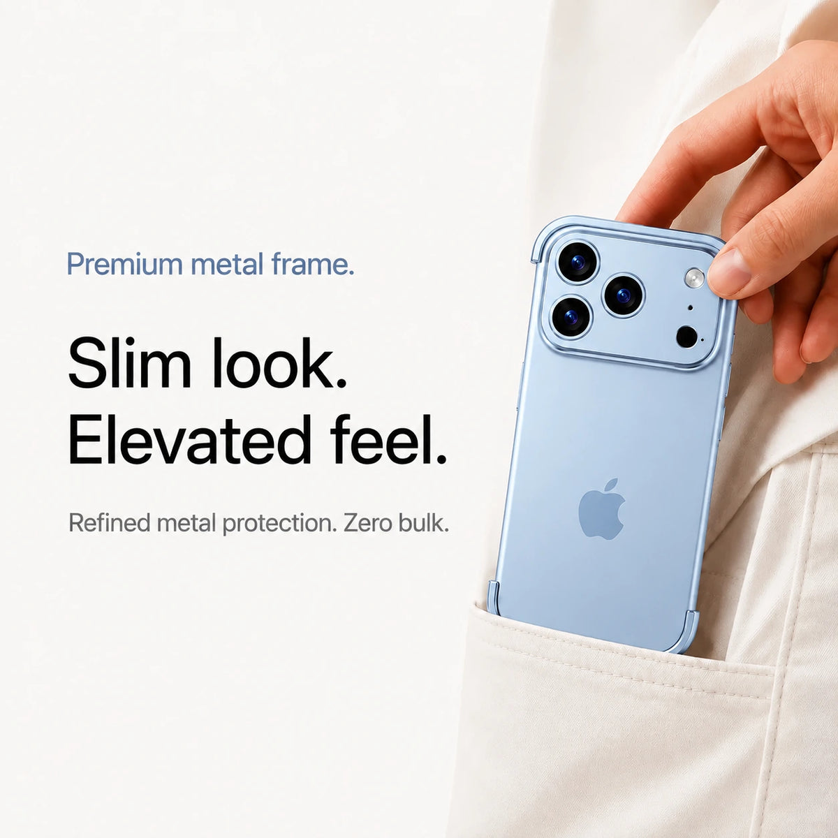 Light blue minimal metal phone case being placed in a light fabric pocket #color_Light Blue