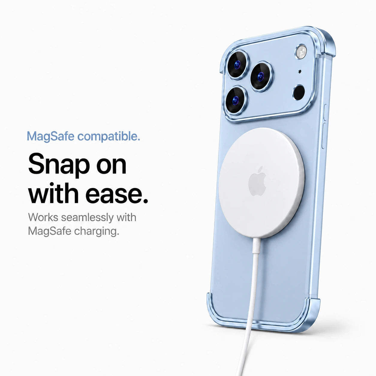 Light blue minimal metal phone case connected to a white wireless charging puck #color_Light Blue