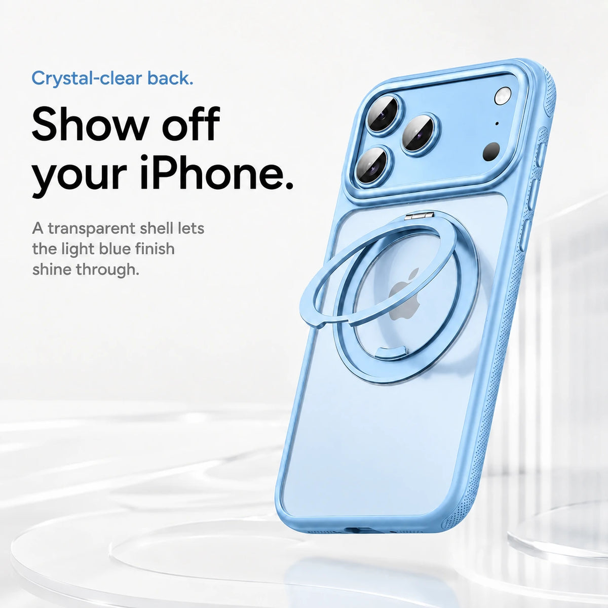 Light blue magnetic phone case displayed upright with a clear back and an open metal ring #color_Light Blue