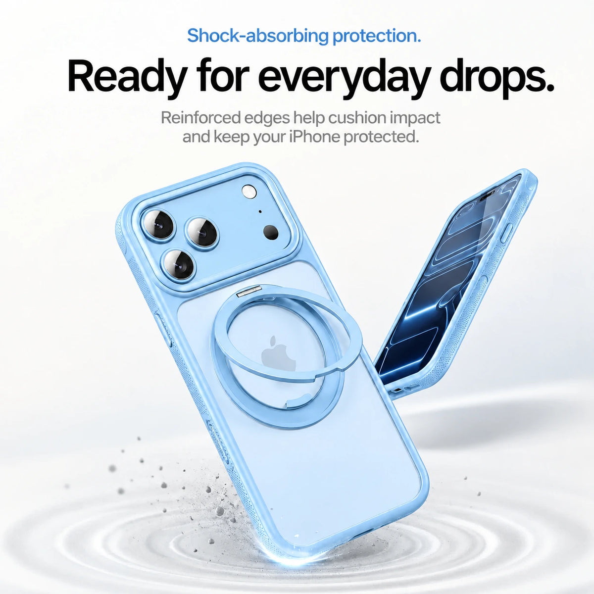 Light blue magnetic phone cases shown from the front and rear during a corner protection demonstration #color_Light Blue