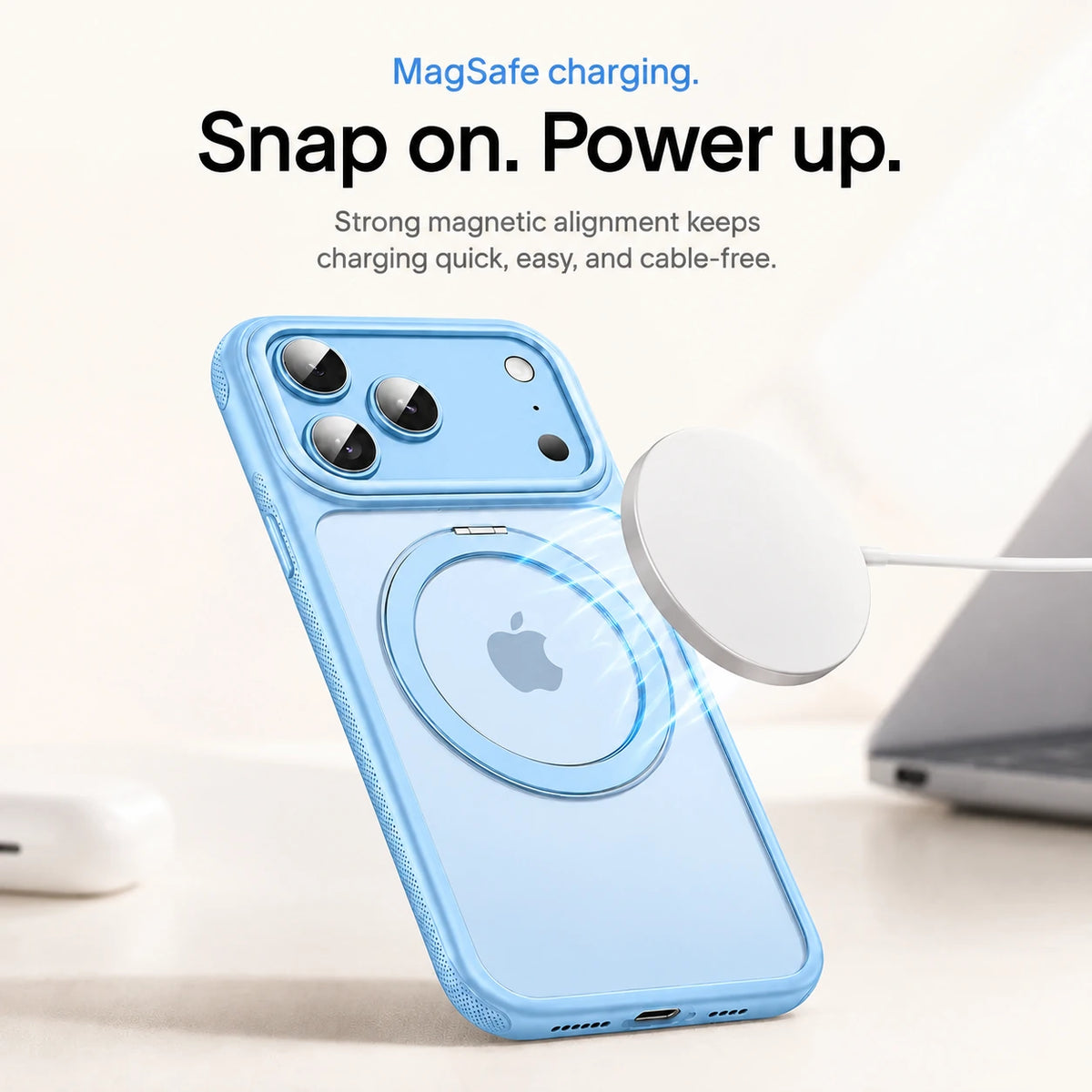 Light blue magnetic phone case aligned with a white wireless charging puck #color_Light Blue