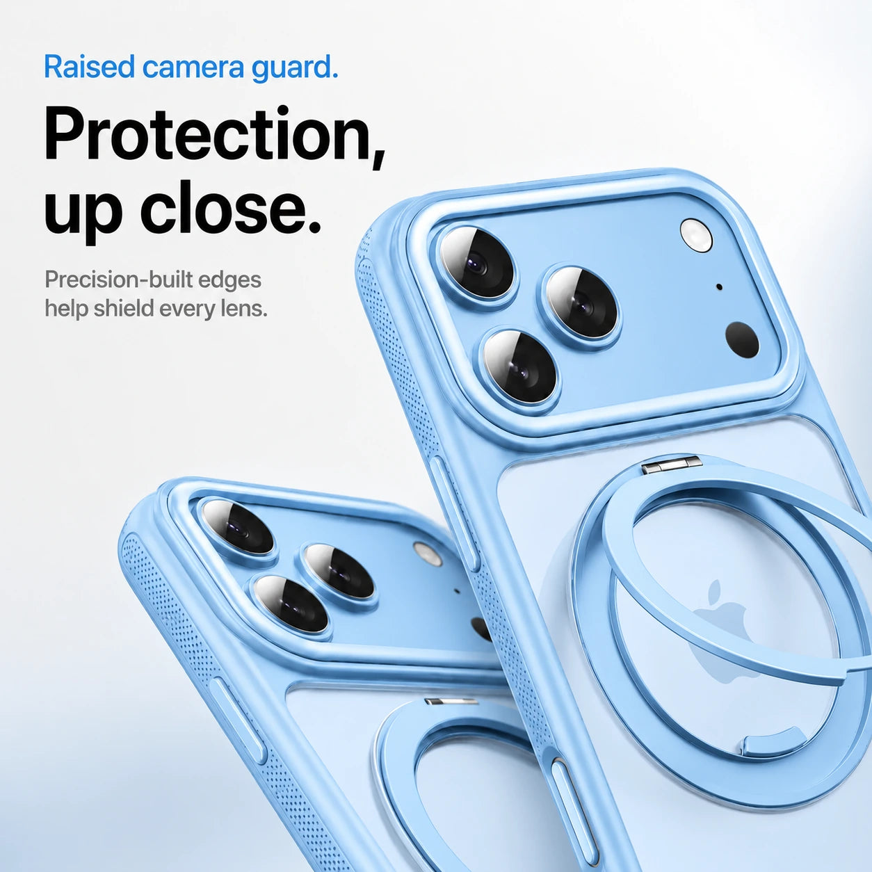 Light blue magnetic phone cases shown in close-up with raised camera guards #color_Light Blue