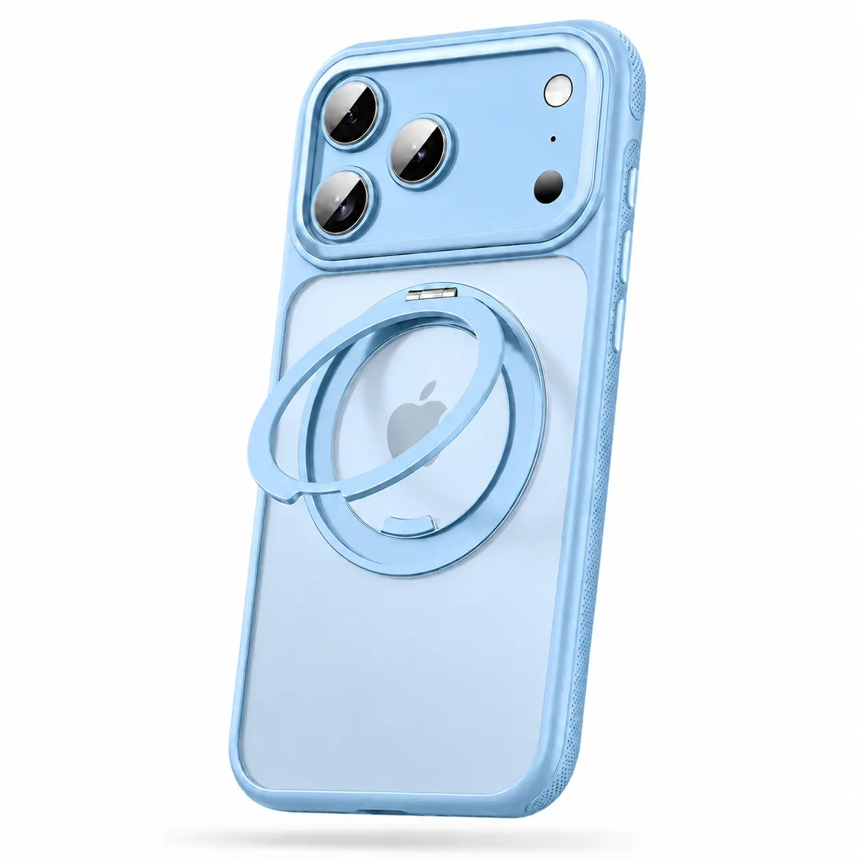 Light blue magnetic phone case with an open adjustable metal ring stand, shown from the rear #color_Light Blue