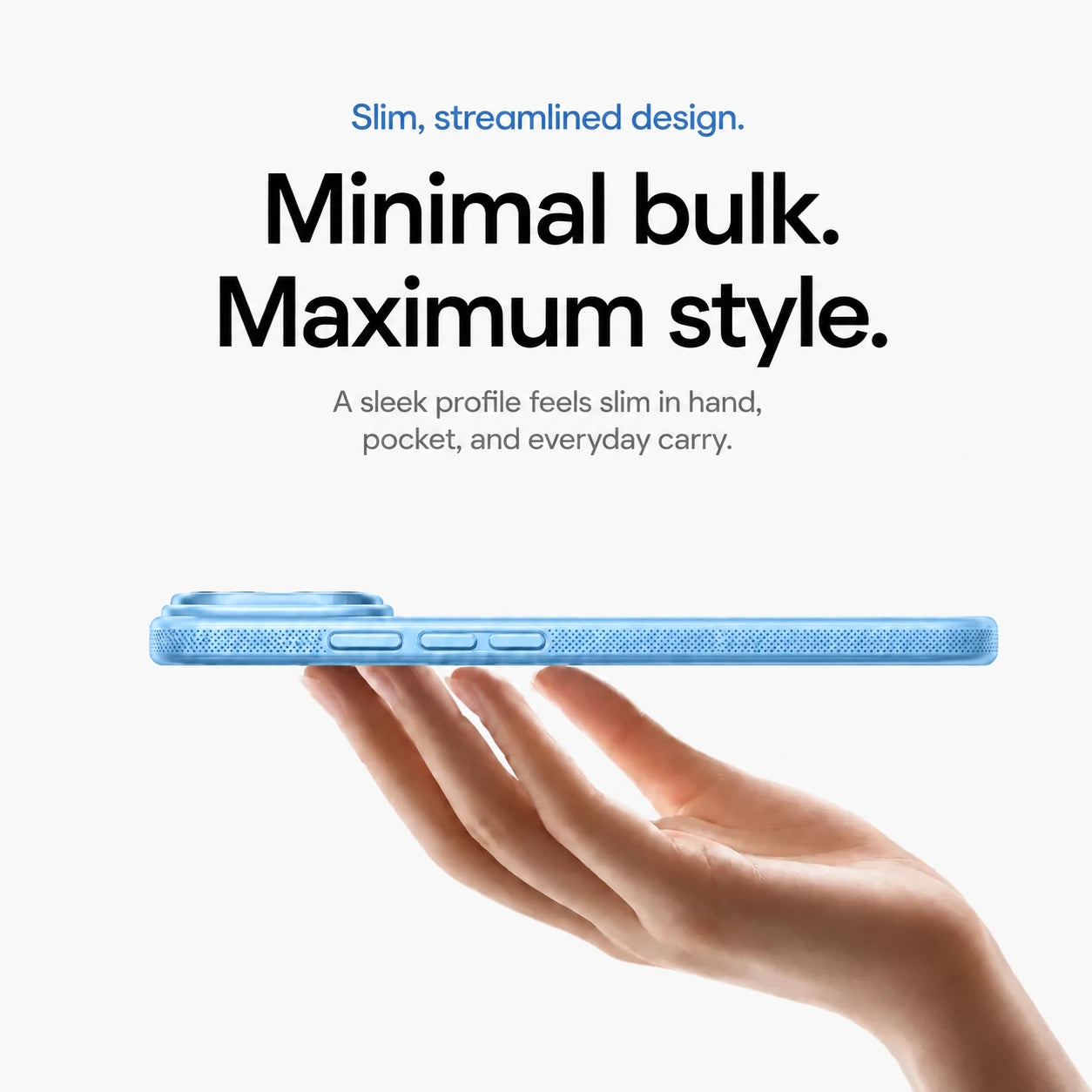 Light blue magnetic phone case balanced in one hand to show its slim side profile #color_Light Blue
