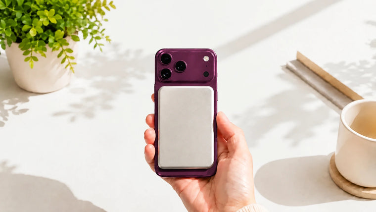 MagCase Metal in matching Burgundy with a silver magnetic power bank