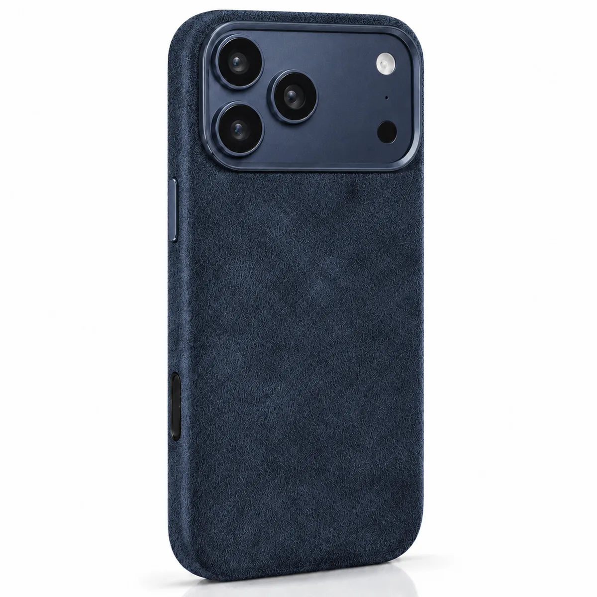 Navy blue fabric phone case in a slightly angled rear view, showing the side controls. #color_Navy Blue