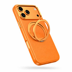 Orange leather phone case with an open rotating ring stand on a white background #color_Cosmic Orange