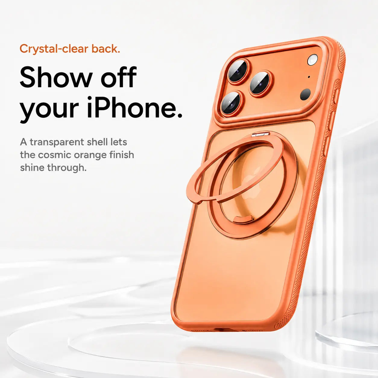 Orange magnetic phone case displayed upright with a clear back and an open metal ring #color_Cosmic Orange