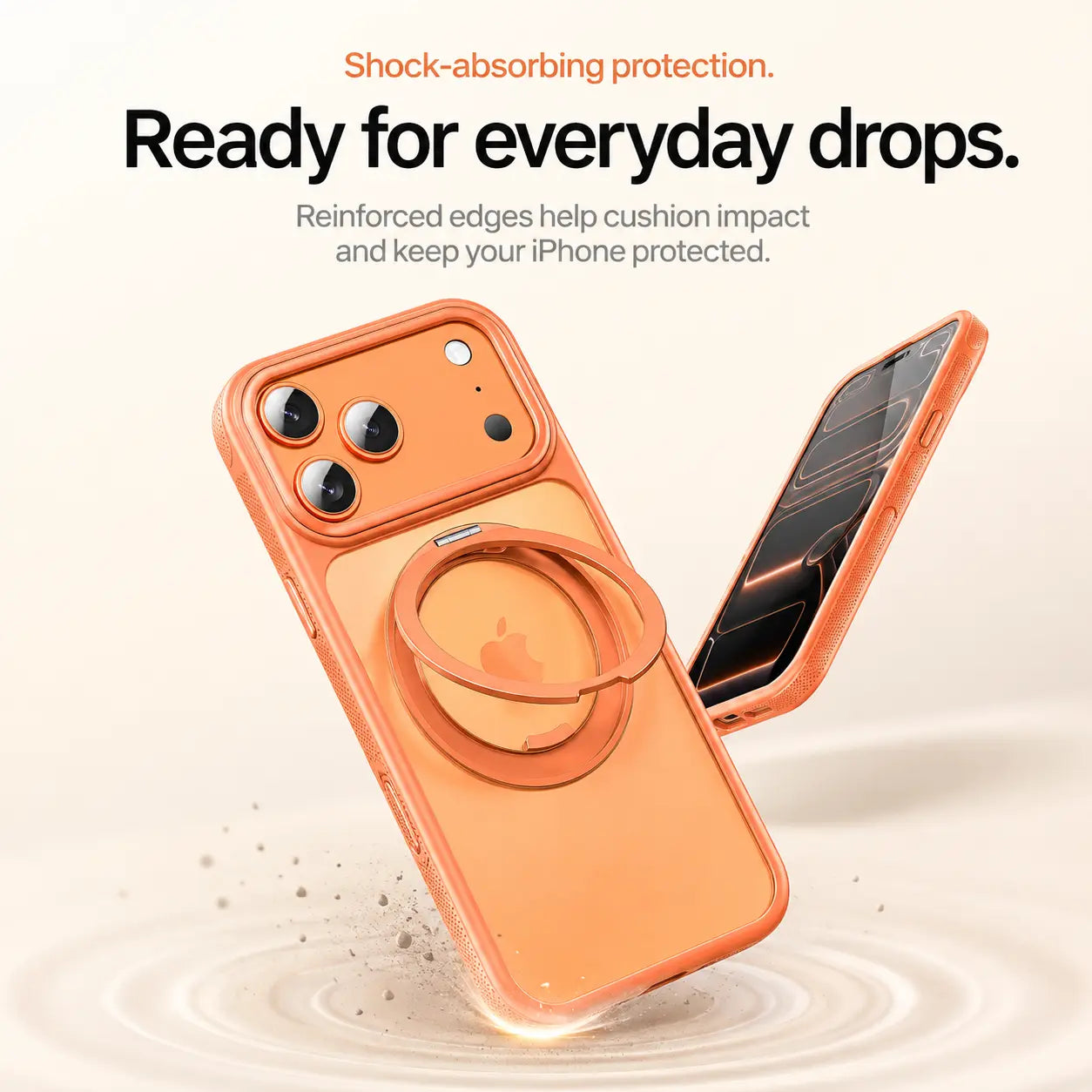 Orange magnetic phone cases shown from the front and rear during a corner protection demonstration #color_Cosmic Orange