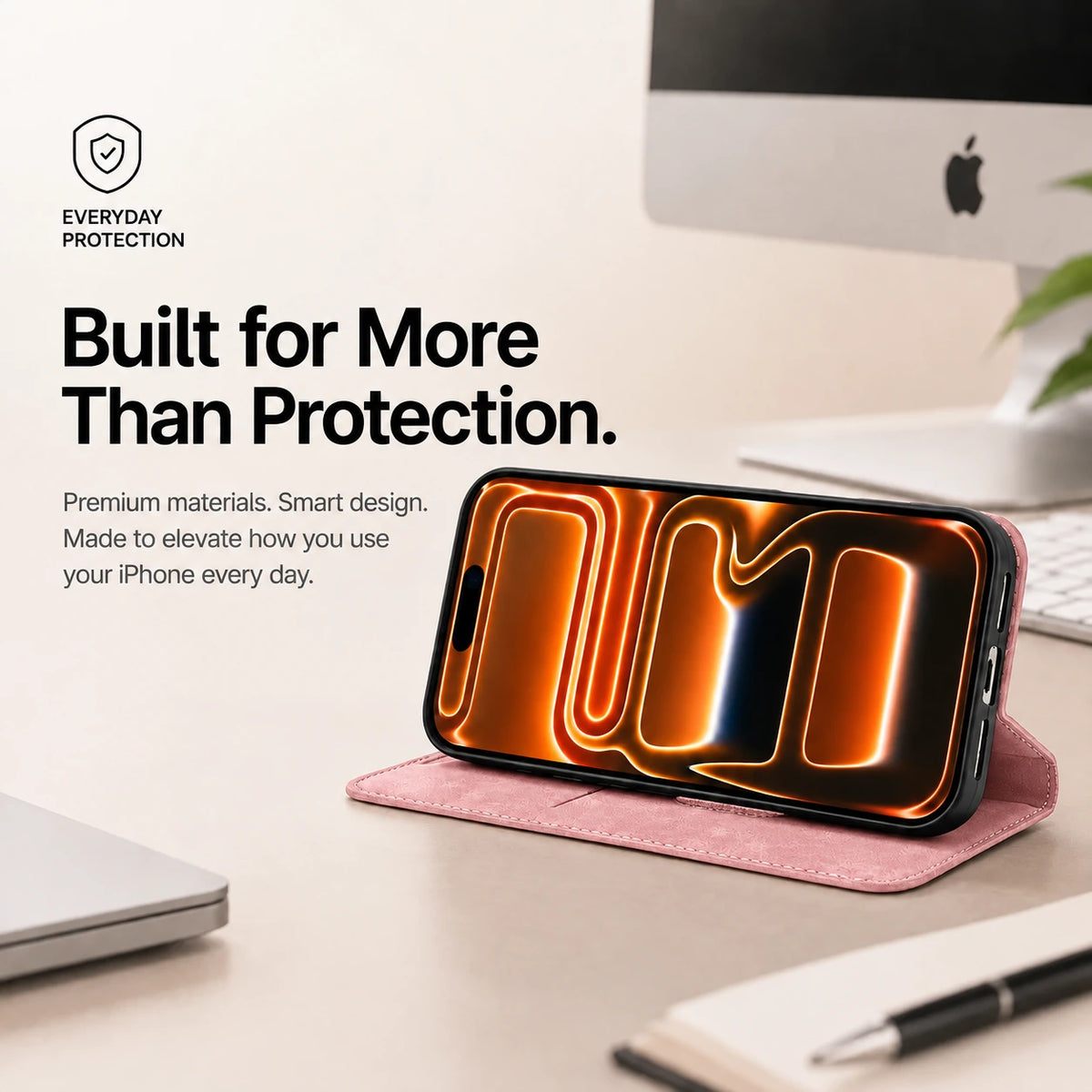 Pink leather folio phone case supporting a phone horizontally on a desk #color_Rose Pink