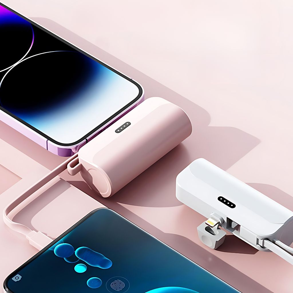 PowerBank Mini portable charger in multiple colors and capacities, compatible with USB-C and Lightning devices for Android and Apple, featuring a compact, lipstick-sized design with dual charging capability.