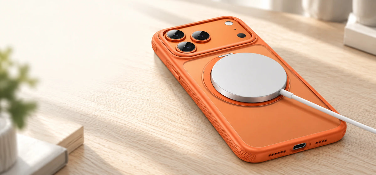 Magnetic charging puck attached to the closed ring on an orange phone case.