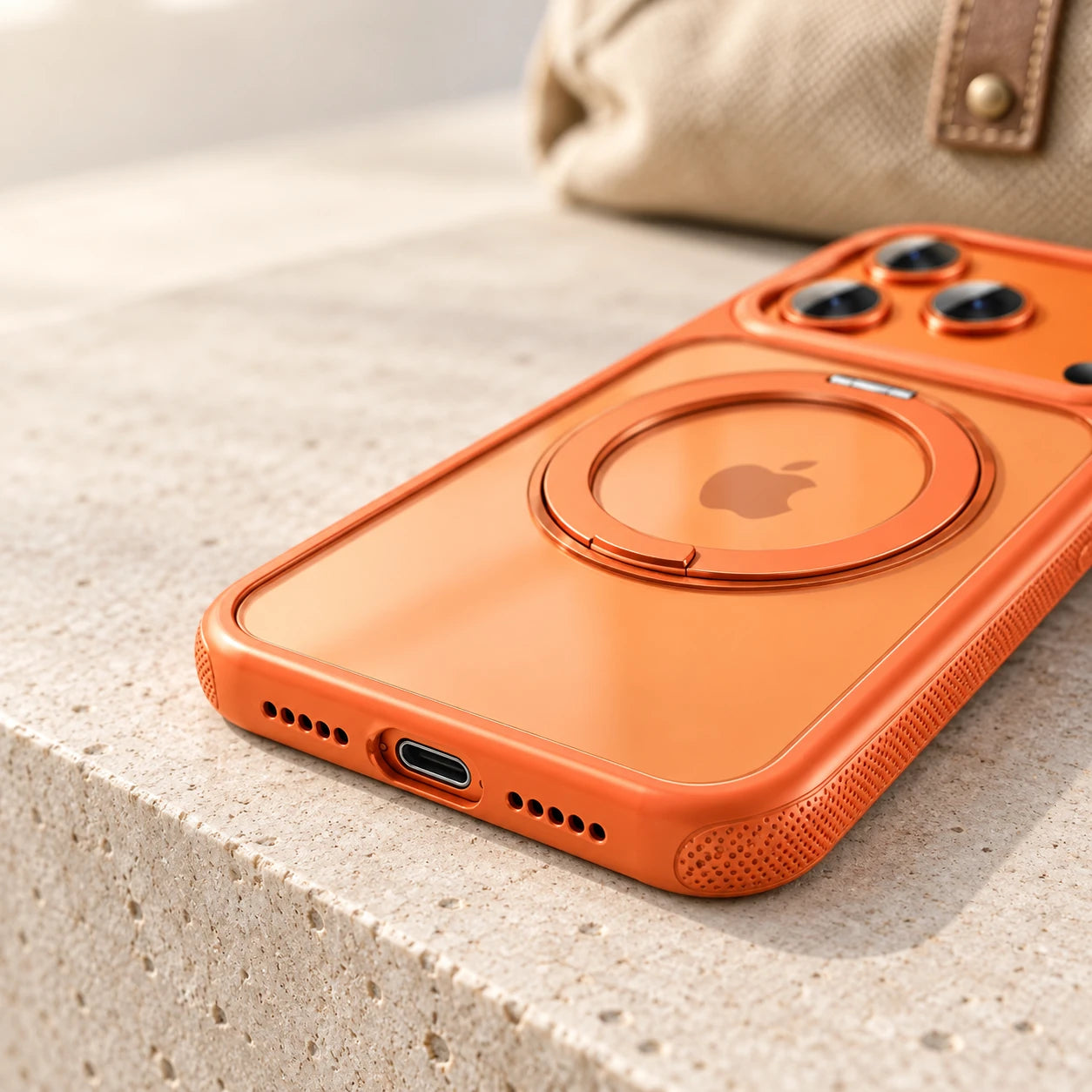 Close-up of an orange phone case showing a reinforced corner and charging port opening.