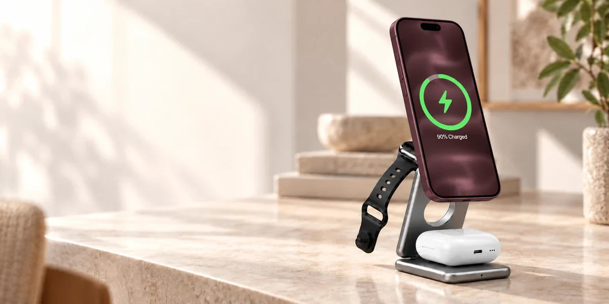 Silver folding wireless charging stand holding a phone, smartwatch and white earbud case.