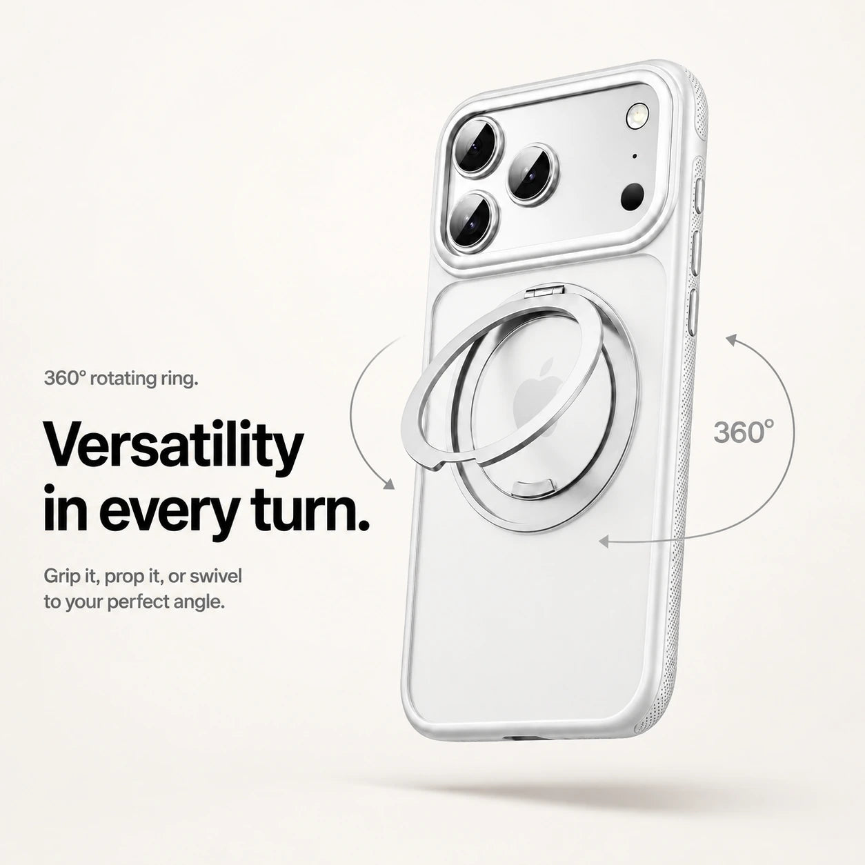 White magnetic phone case with an adjustable metal ring and a 360 degree rotation graphic #color_Polar White