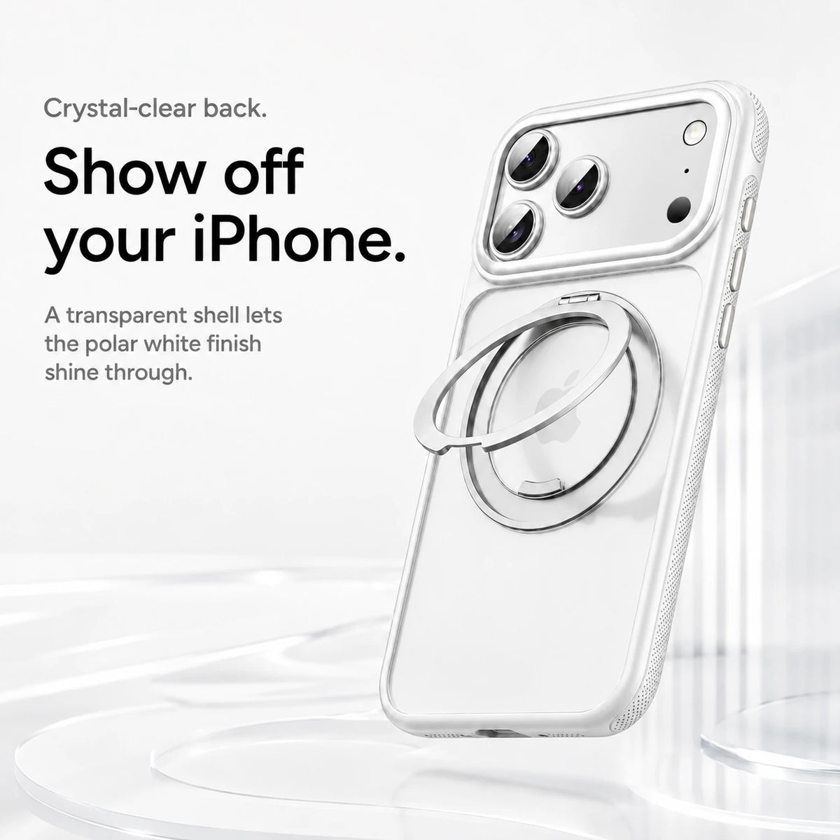 White magnetic phone case displayed upright with a clear back and an open metal ring #color_Polar White