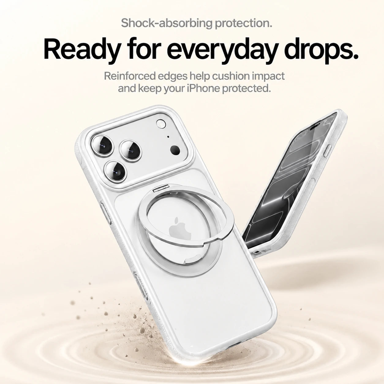 White magnetic phone cases shown from the front and rear during a corner protection demonstration #color_Polar White