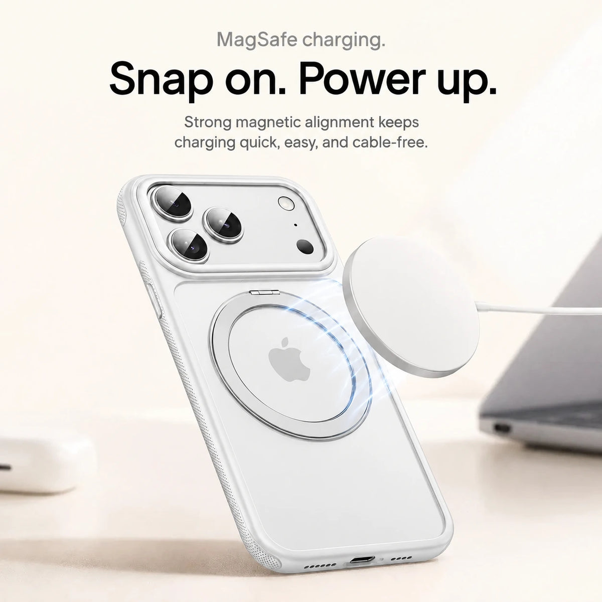 White magnetic phone case aligned with a white wireless charging puck #color_Polar White