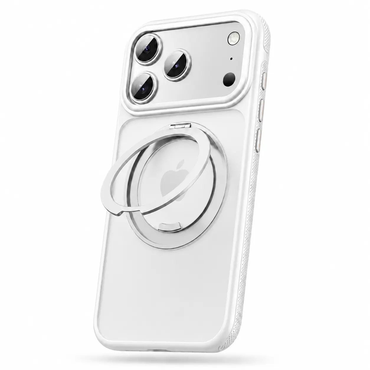 White magnetic phone case with an open adjustable metal ring stand, shown from the rear #color_Polar White